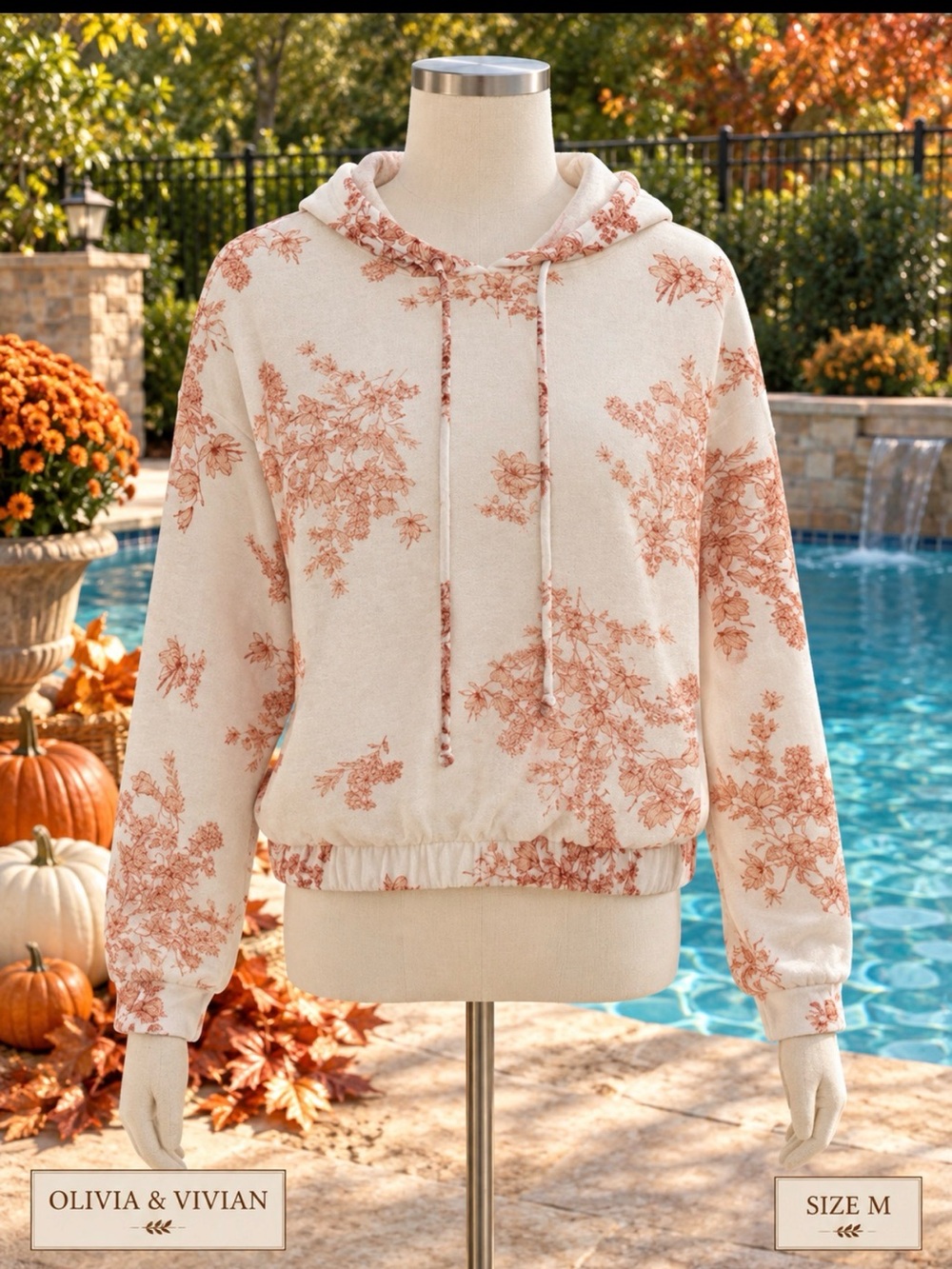 Cream Hoodie with Rust Floral Print
